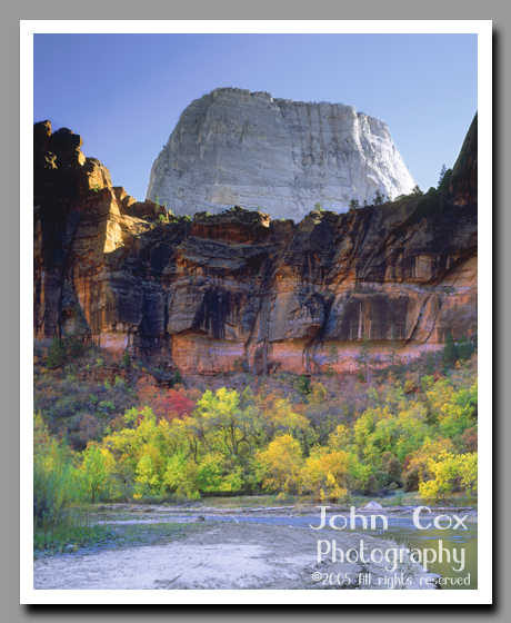 The Great White Throne towers over the Virgin River Gorge's brilliant fall foilage.
