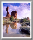 Balanced Rock reflects brilliantly in a pool left by recent rain showers in Arches National Park, Utah.