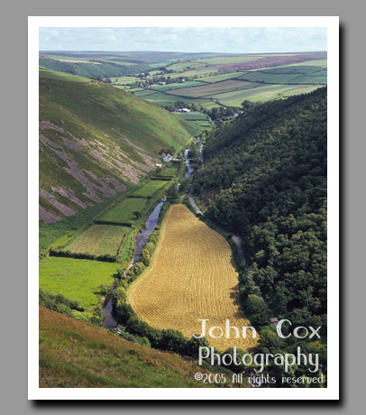 A small stream flows through the green hills of the Doone Valley of Devon, England.