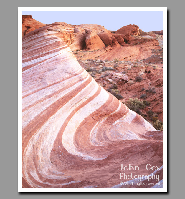 Petrified sands form a wave of pink and white swirls in Valley of Fire State Park, Nevada.
