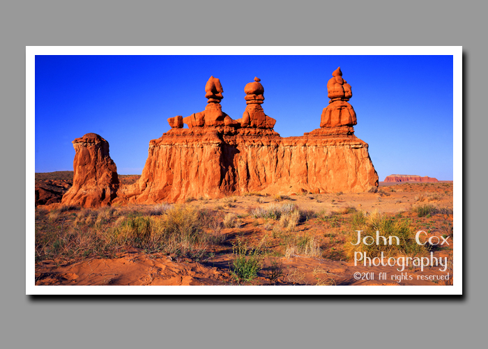 The three judges rock formation sits in Goblin Valley State Park in Utah.