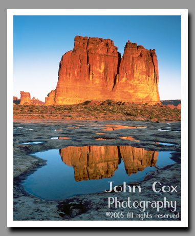 The Sandstone fin of the Organ reflects in a pool left by recent rain showers in Arches National Park, Utah.
