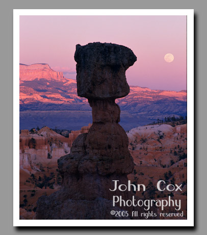 The Moon rises behind Thor's Hammer in Bryce Canyon National Park, Utah.